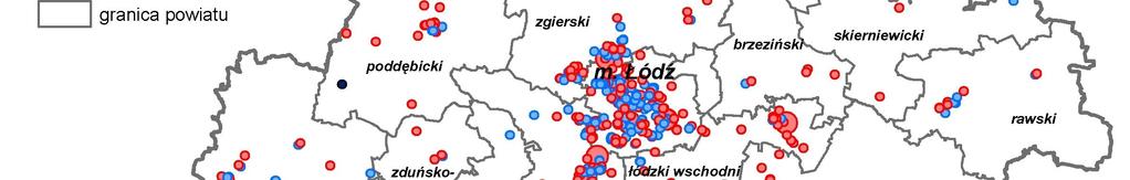 Mapa 3.1 Rozmieszczenie emitorów punktowych w województwie łódzkim w 2011 r. 2) Baza emisji liniowej - komunikacyjnej, pochodzącej głównie z transportu samochodowego.