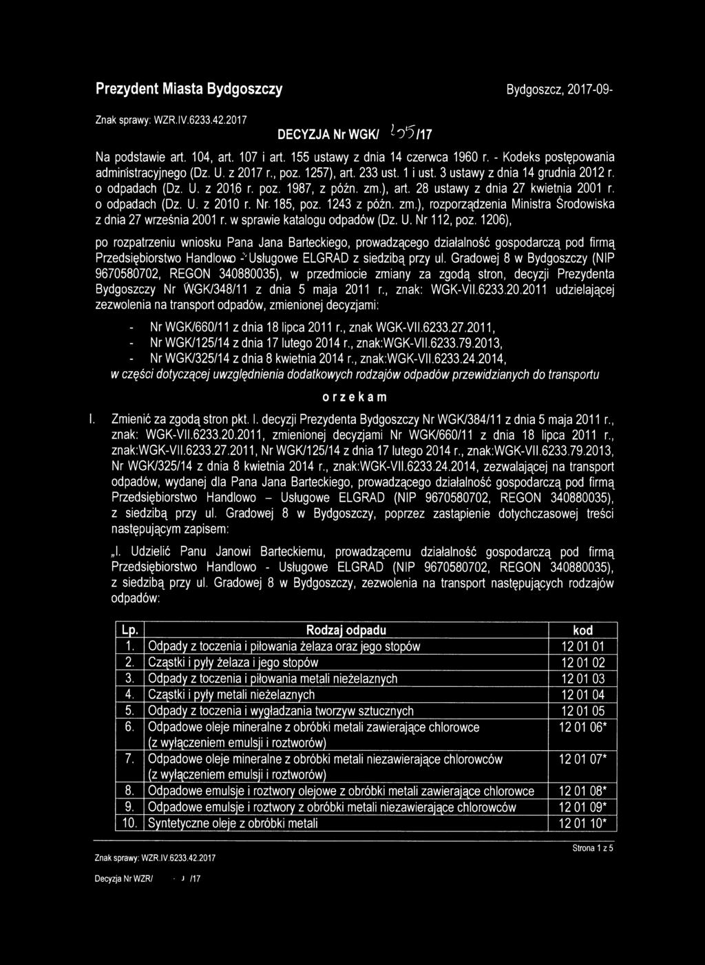 o odpadach (Dz. U. z 2010 r. Nr. 185, poz. 1243 z późn. zm.), rozporządzenia Ministra Środowiska z dnia 27 września 2001 r. w sprawie katalogu odpadów (Dz. U. Nr 112, poz.