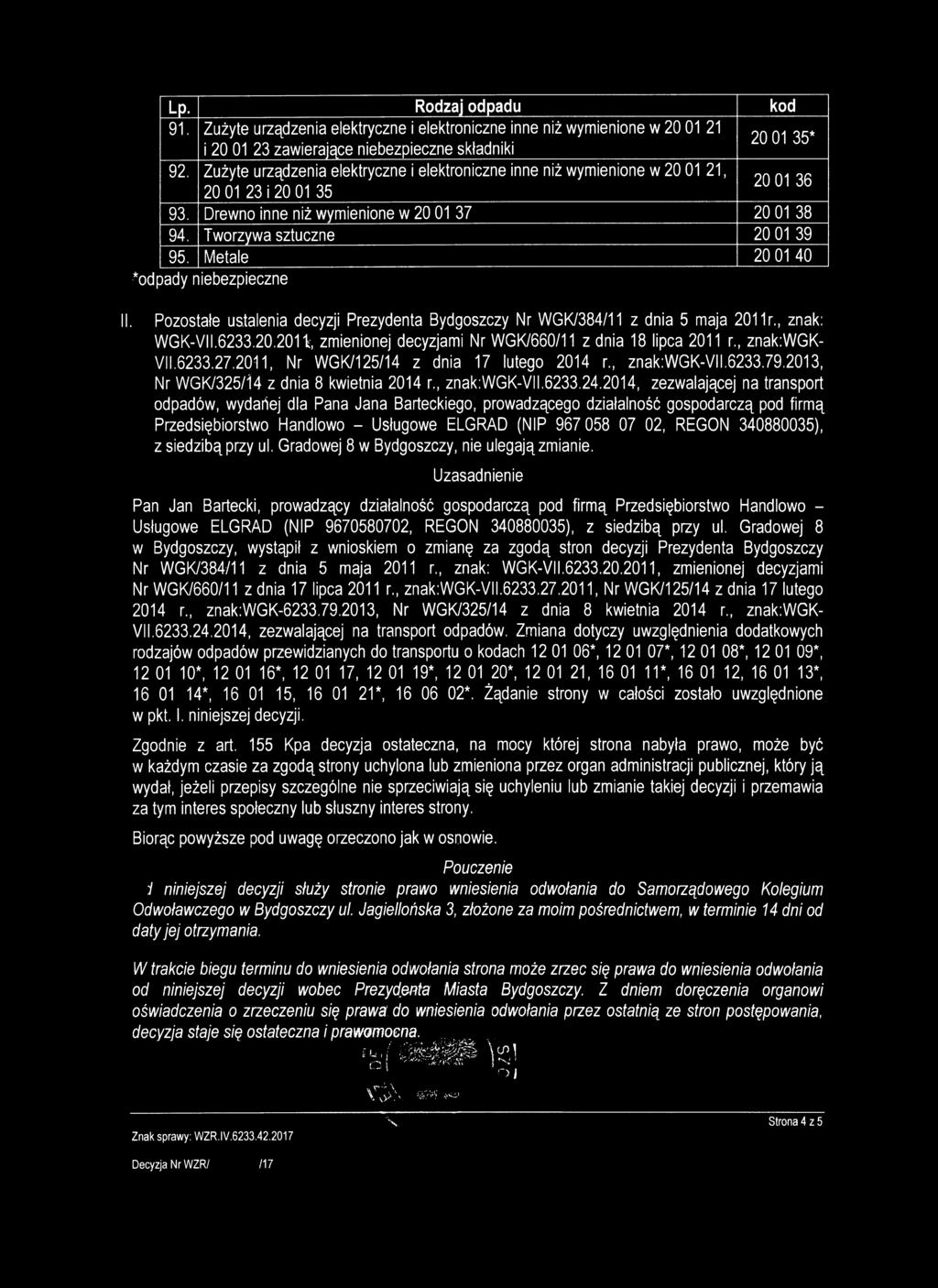 Metale 20 01 40 odpady niebezpieczne II. Pozostałe ustalenia decyzji Prezydenta Bydgoszczy Nr WGK/384/11 z dnia 5 maja 2011r., znak: WGK-VII.6233.20.201'k, zmienionej decyzjami Nr WGK/660/11 z dnia 18 lipca 2011 r.