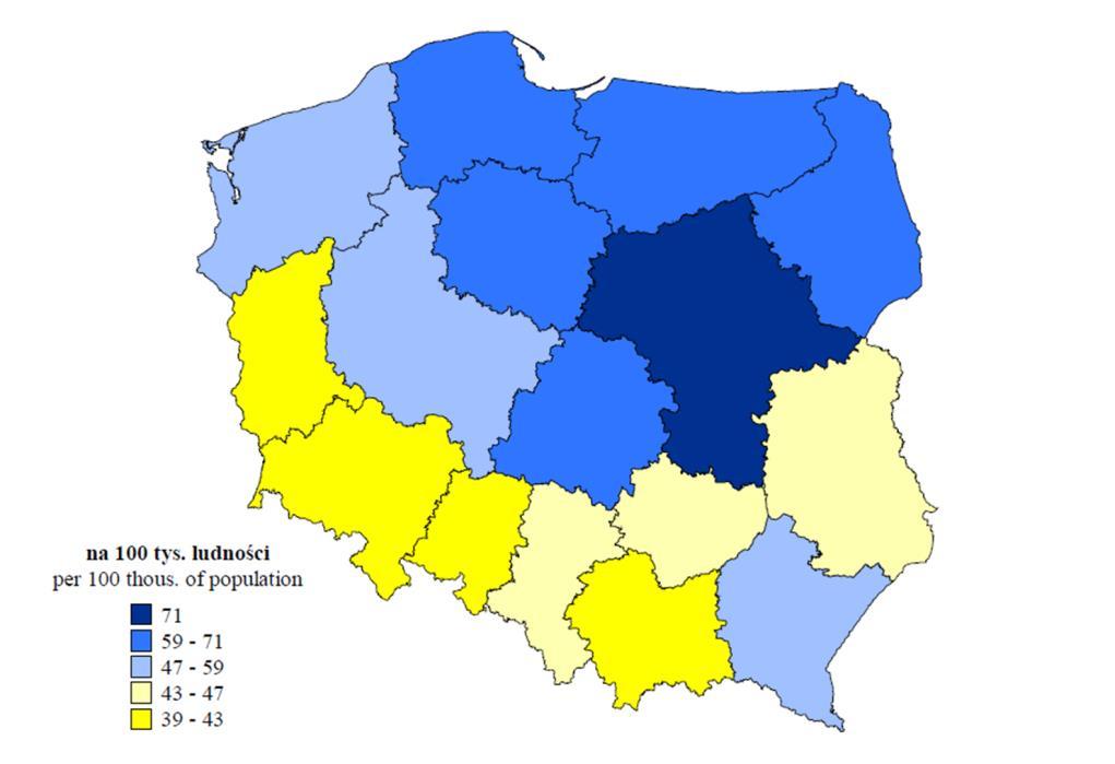 Z powodu chorób układu oddechowego najwyższą umieralność odnotowano w województwie mazowieckim, gdzie na każde 100 tys. ludności zmarło średnio 71 osób.