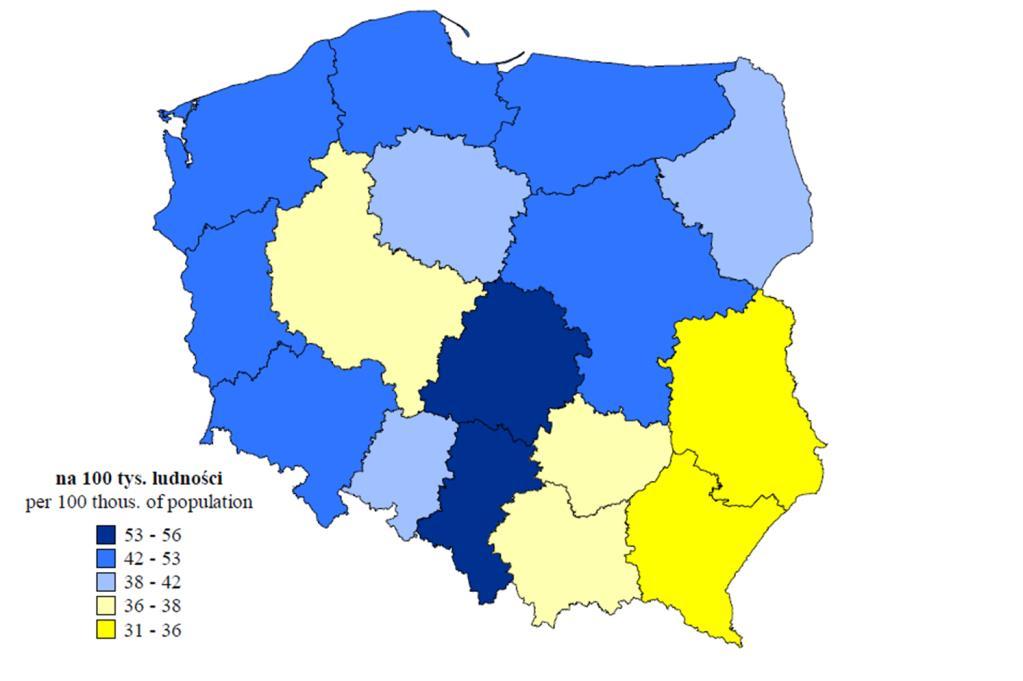 Rys. 5. Standaryzowane współczynniki zgonów z powodu chorób układu trawiennego w 2012 r. Źródło: Trwanie życia w 2013 roku, Główny Urząd Statystyczny, Warszawa 2014. 4.