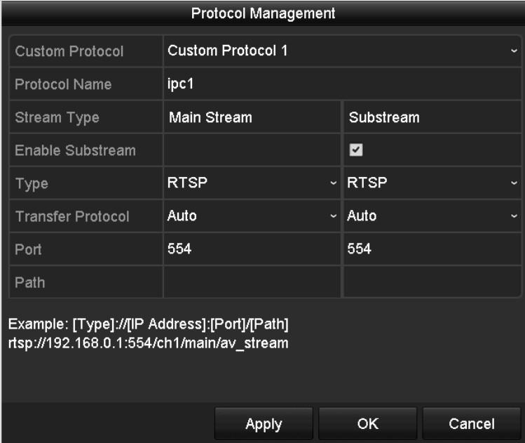 Kliknij przycisk Protocol (Protokół) w interfejsie dodawania kamery IP z własnymi ustawieniami, aby przejść do interfejsu zarządzania protokołami. Figure 2.