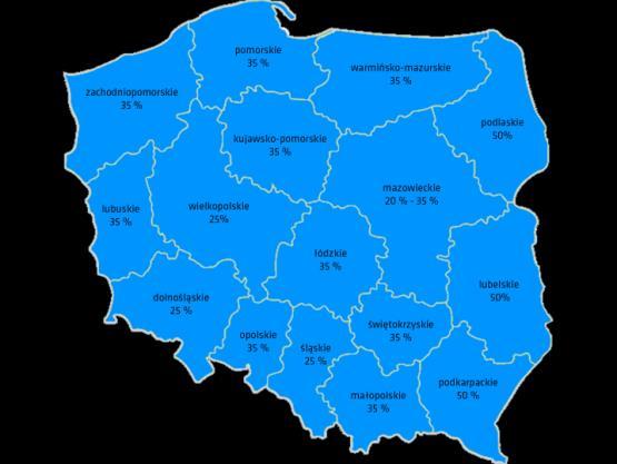 Mapa intensywności pomocy publicznej w TSSE Dwa tytuły pomocy: nakłady inwestycyjne lub utworzenie i utrzymanie nowych miejsc pracy.