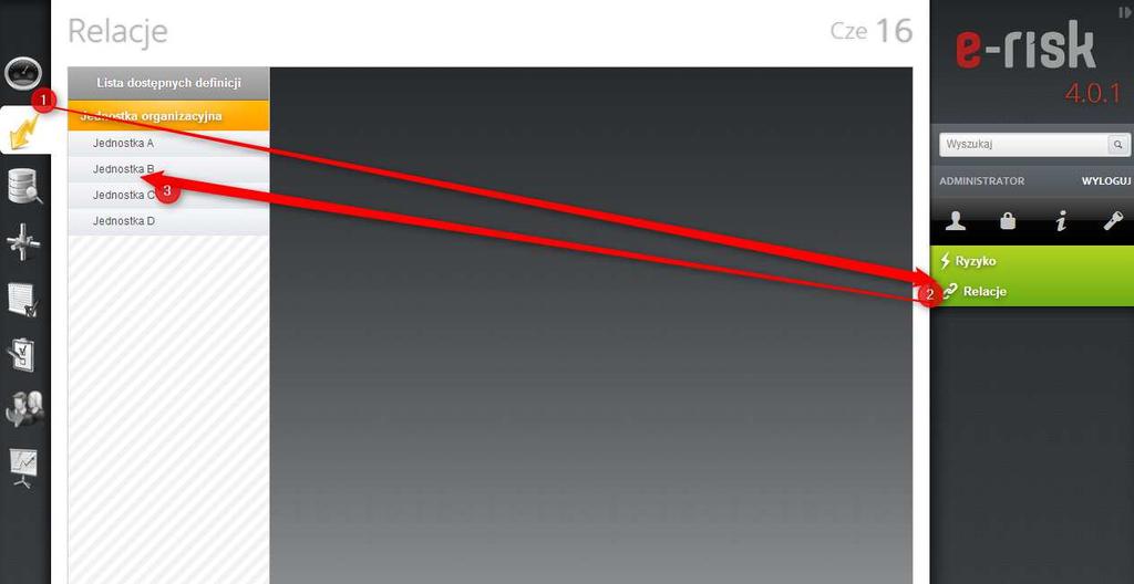 Aby przejść do Relacji, należy wybrać przycisk z menu po lewej stronie, po czym wybrać moduł Relacje z prawego menu.
