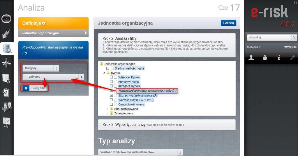 Jego właściwości można wybrać z menu z lewej strony po wcześniejszym kliknięciu na wybrany atrybut (np. Prawdopodobieństwo wystąpienia ryzyka).
