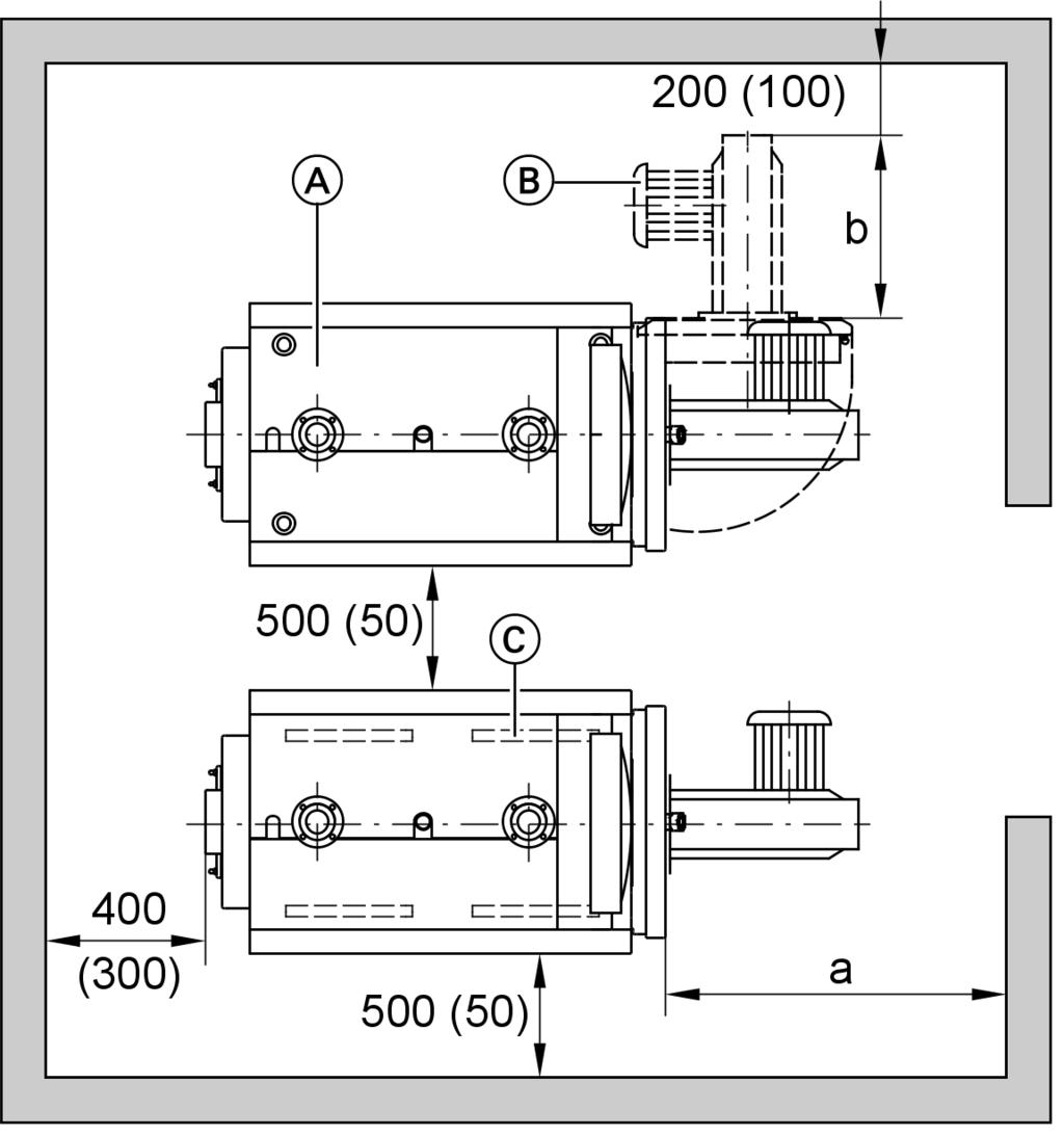 Dane techniczne Vitoplex 100 (ciąg dalszy) Ustawienie Dla ułatwienia montażu i konserwacji należy dotrzymywać podanych wymiarów; przy ograniczonej ilości miejsca należy zachować minimalne odstępy