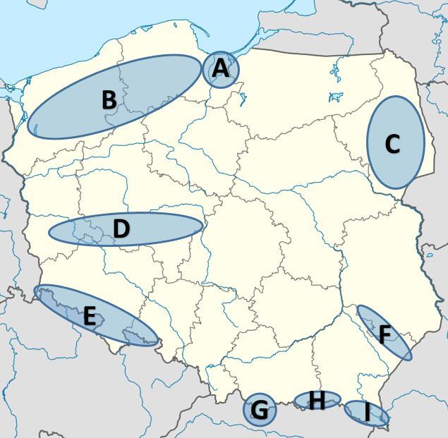Zadanie 25. (0-3p.) Na mapie literami od A do I zaznaczono krainy geograficzne Polski. Do symbolu litery dopisz nazwę krainy geograficznej.