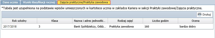 UONET+. Jak przygotować i wydrukować świadectwa w roku szkolnym 2017/2018? 13/20 W przypadku szkół zawodowych arkusz ucznia zawiera jeszcze kartę Zajęcia praktyczne/ Praktyka zawodowa.