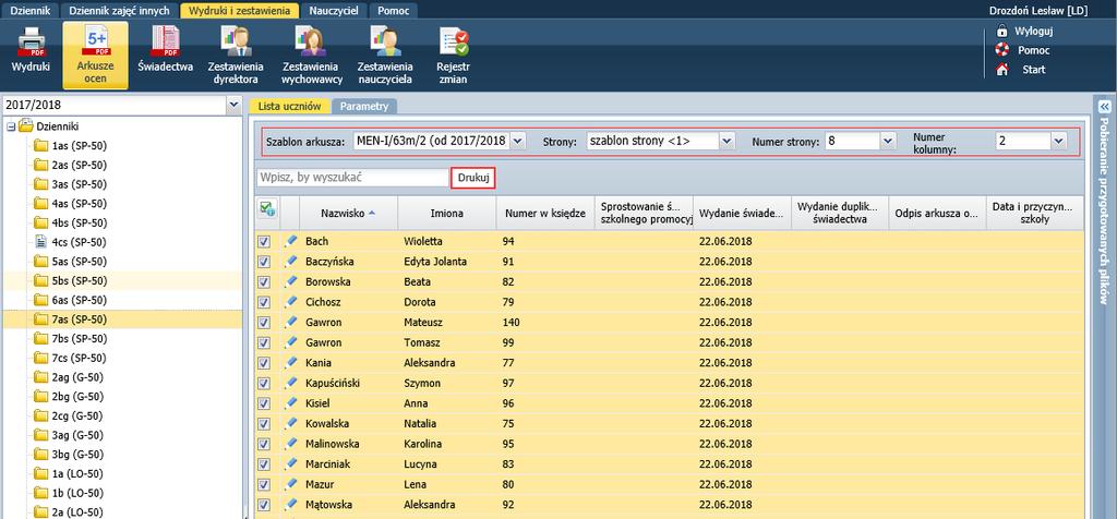 UONET+. Jak przygotować i wydrukować świadectwa w roku szkolnym 2017/2018? 14/20 4. Zaznacz na liście uczniów, których arkusze chcesz drukować. 5.