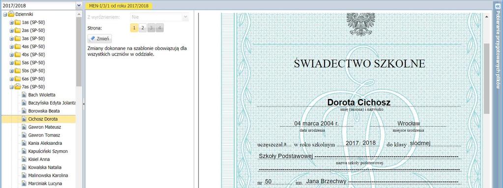 Oglądanie świadectw poszczególnych uczniów pod kątem kompletności i poprawności danych 1. W drzewie danych rozwiń gałąź oddziału i wybierz ucznia. 2.