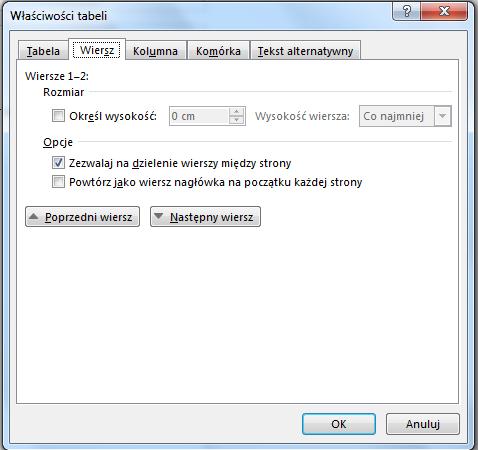 tabel/układ/rozmiar komórki, wybierz odpowiednią zakładkę i określ wysokość wiersza lub szerokość kolumny.
