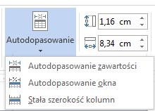 Autodopasownie do zawartości ustawia szerokość kolumn zależnie od ich zawartości. Autodopasownie do okna zmienia szerokość tabeli, wypełniając przestrzeń między marginesami.