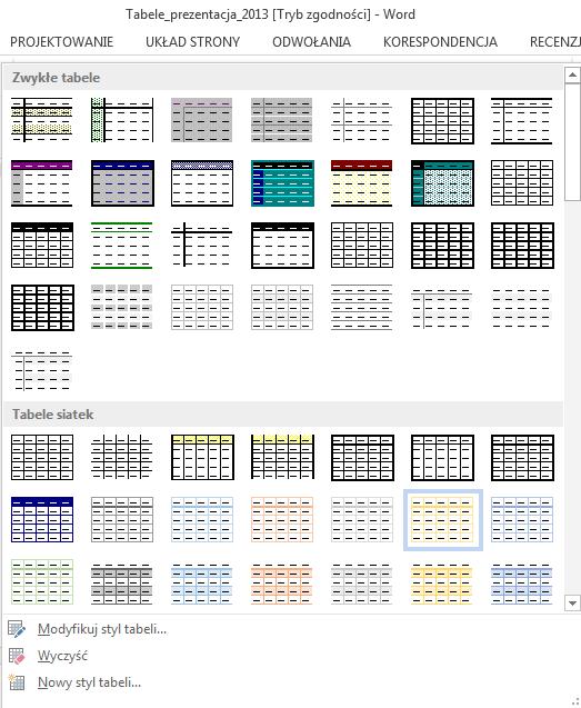 Każdej zmianie towarzyszy zmiana obrazu tabeli, ilustrująca efekt dokonanego wyboru. Za pomocą tego okna można skorzystać z gotowych stylów tabeli, można również je modyfikować lub tworzyć nowe style.