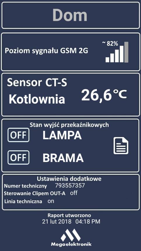 Przycisk CLP powoduje, że aplikacja dzwoni na numer modułu Przyciski Włącz/Wyłącz włączają lub wyłączają wejście alarmowe (w przykładzie