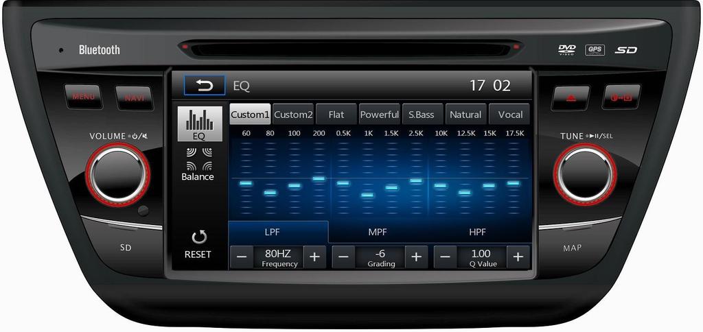 dla DVD/USB/SD oraz RADIO, wejścia: AV-IN1, AV-2IN, wyjścia: 4xRCA front/tył plus 1 x RCA subwoofer z filtrem, VIDEO-1, Podświetlenie: niebieskie SUZUKI SX-4 S