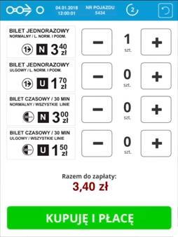 Kupujemy bilet krok 1 Wybieramy rodzaj biletu, poprzez naciśnięcie przycisku + lub -. W tym przypadku jest to bilet normalny za 3,40 zł.