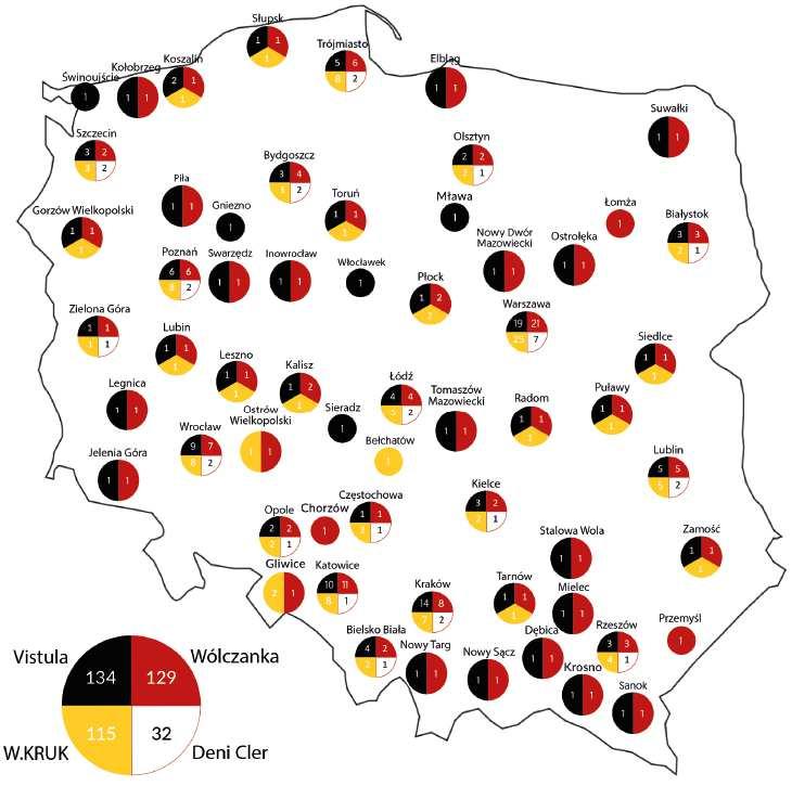 VISTULA GROUP SA Sprawozdanie Zarządu z działalności Grupy Kapitałowej w 2017 roku Na rysunku poniżej zaprezentowano rozmieszczenie i liczbę salonów firmowych Grupy Kapitałowej na koniec 2017 roku