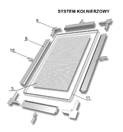 MOSKITIERA RAMKOWA SYSTEM KOŁNIERZOWY 1. M-10-XX-K Profil aluminiowy do moskitiery kołnierzowej 2. M-12-XX-K Narożnik do moskitiery kołnierzowej 3. M-07-06 Zaczep obrotowy 6 mm 4.