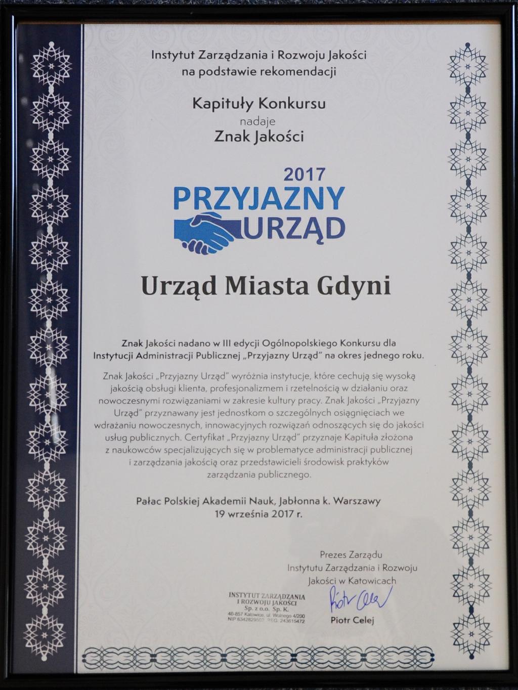19 września. To już kolejny raz, kiedy Urząd Miasta Gdyni zdobywa laury w dziedzinie dobrego zarządzania. Najnowszym osiągnięciem jest wygrana w Ogólnopolskim Konkursie o Znak Jakości Przyjazny Urząd.