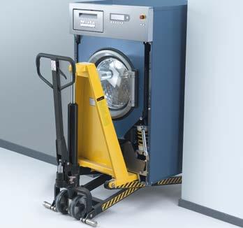 Łatwe wnoszenie dzięki kompaktowym rozmiarom i możliwości użycia wózka Zewnętrzne wymiary pralnic (szerokość lub głębokość) są, patrząc od przodu, przystosowane do standardowych otworów drzwiowych o