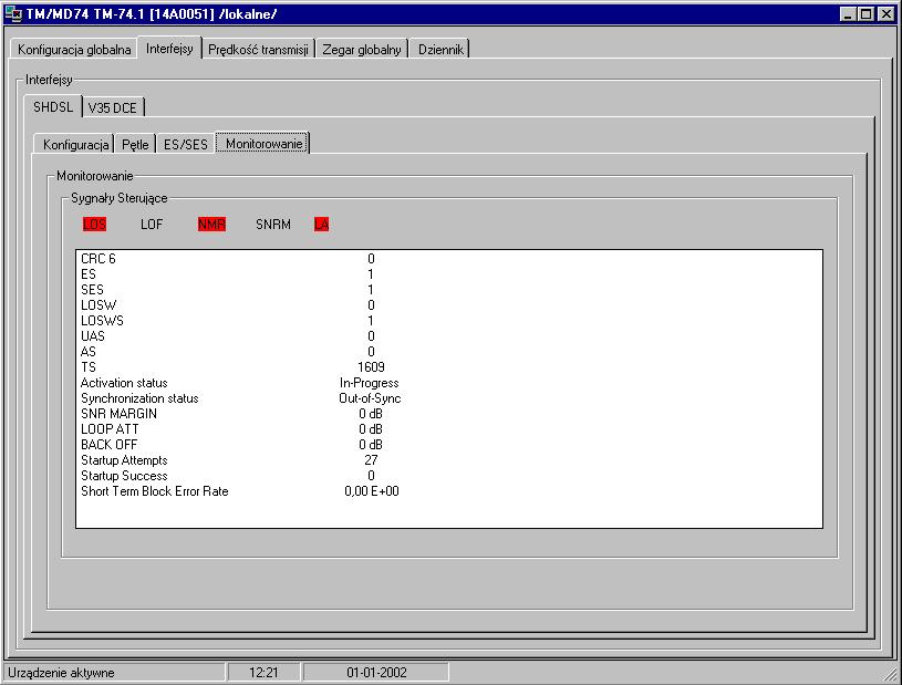 bieżący stan interfejsu SHDSL liczników i wskaźników opisanych w p.3.