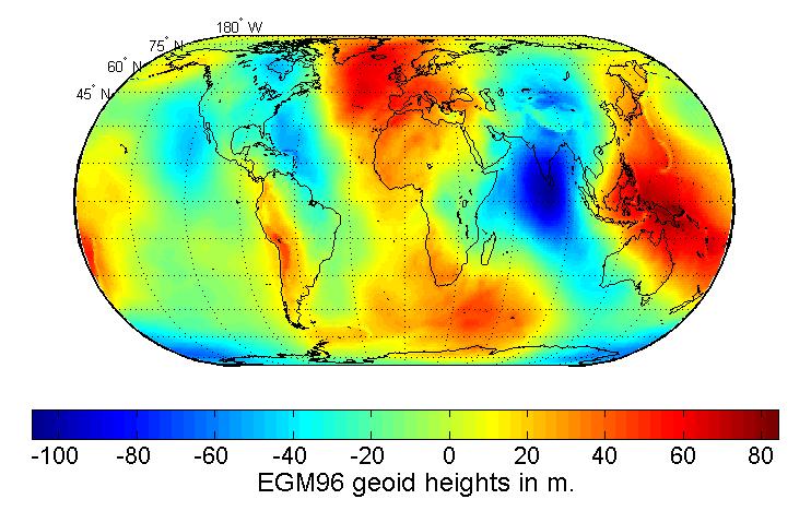 Geoida w modelu EGM96 źódło: NASA Goddad
