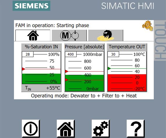 Sterowanie zsiemens S7-00 z 4-calowym wyświetlaczem TFT KTP400, obsługa dotykowa i za pomocą przycisków zwyświetlanie zawartości wody (% nasycenia), temperatury oleju oraz opcjonalnie