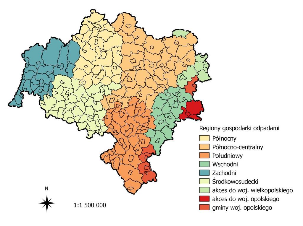 Ryc. 4-1 Podział Województwa Dolnośląskiego na regiony gospodarki odpadami komunalnymi Region zachodni Region obejmuje 20 gmin z powiatów: bolesławieckiego, lubańskiego i zgorzeleckiego.
