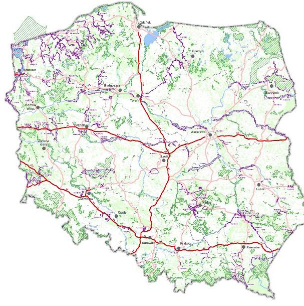 Rys. 2. Konflikty autostrad i dróg ekspresowych z obszarami Natura 2000 - obszarami specjalnej ochrony ptaków (OSO).