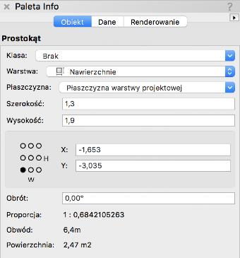 Wyznacz punkt stały we wskaźniku położenia jako lewy dolny róg. Wprowadź szerokość prostokąta: 1,3 m oraz wysokość: 1 m.