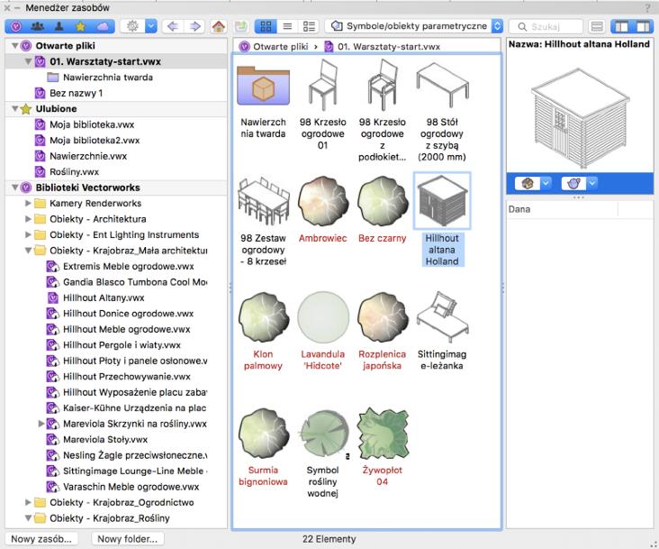 6. Dodawanie symboli z bibliotek Menedżer zasobów (Windows Ctr+R, Mac +R) umożliwia łatwy dostęp do bibliotek Vectorworks, a także tworzenie własnych zasobów.