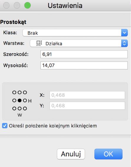 Rozpocznij rysowanie na środku rysunku, używając wartości podanych poniżej. Kliknij dwukrotnie narzędzie Prostokąt, aby otworzyć okno dialogowe Ustawienia.