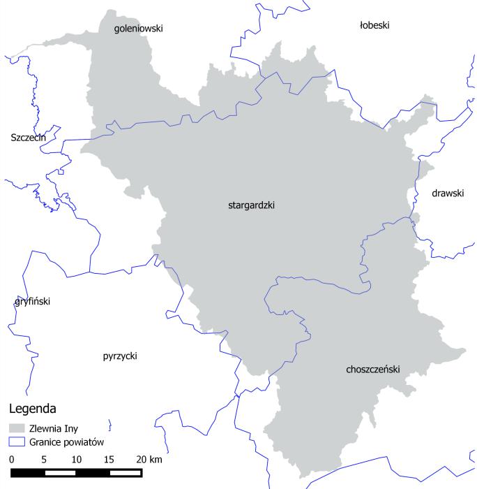 3 Zlewnia Iny na tle granic administracyjnych (źródło: opracowanie własne na podst.