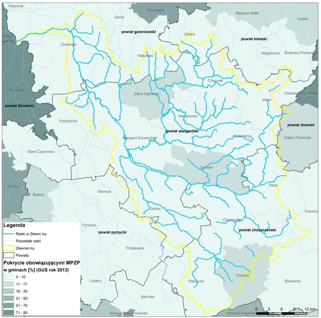 Ryc. 8 Pokrycie obowiązującymi MPZP (%) w gminach leżących w zlewni Iny (źródło: opracowanie własne na podstawie danych GUS, 2013) Z punktu widzenia realizacji zapisów projektu rozporządzenia WKW