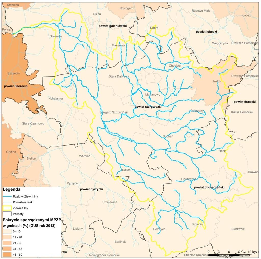 Ryc. 9 Pokrycie sporządzanymi MPZP (%) w gminach w zlewni Iny