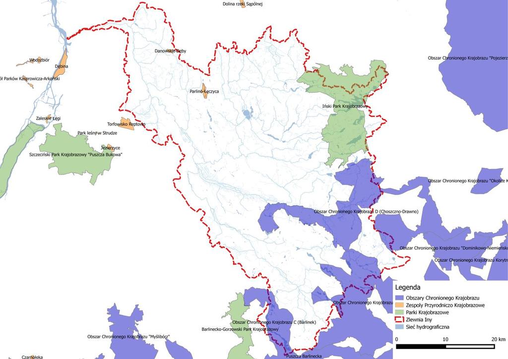 Ryc. 16 Ochrona krajobrazowa w zlewni Iny (źródło: opracowanie własne na podstawie danych GDOŚ) Iński Park Krajobrazowy Utworzony w 1981 r.