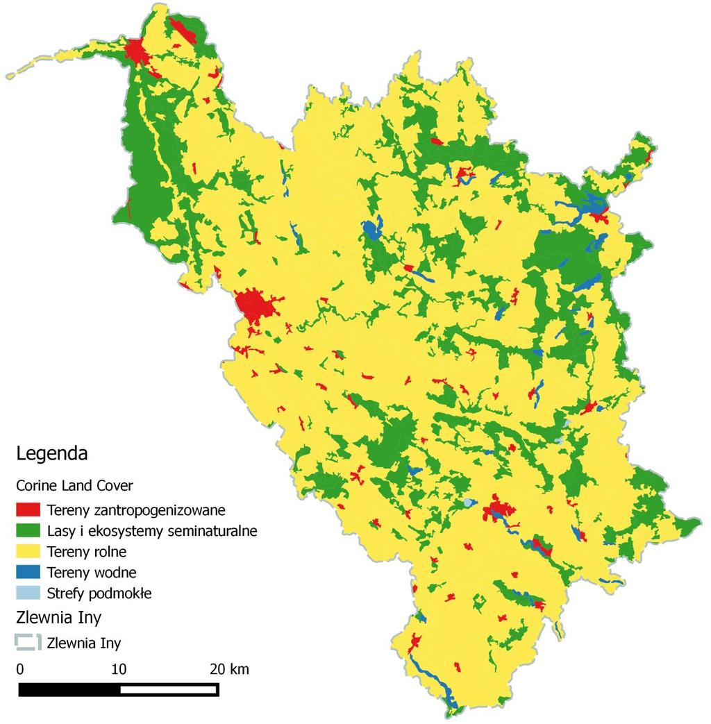 Ryc. 22 Struktura użytkowania terenu zlewni Iny (źródło: opracowanie własne na podst. Corine Land Cover) 4.6.