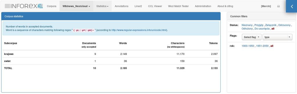 Podstawowe statystyki Corpora