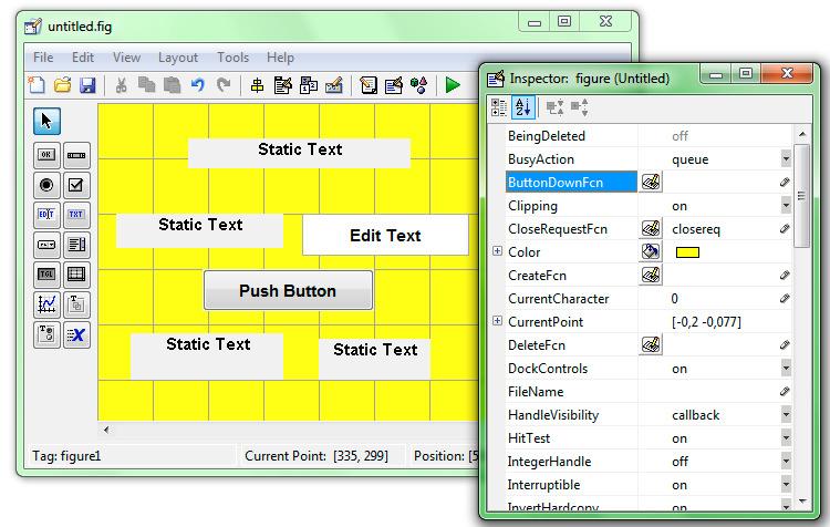 Tworzenie GUI programu PIERWIASTEK w kreatorze GUIDE 13 Określanie cech obiektów w okienku INSPECTOR Po wstawieniu obiektów można zmieniać ich położenie i rozmiary przy pomocy myszki natomiast inne