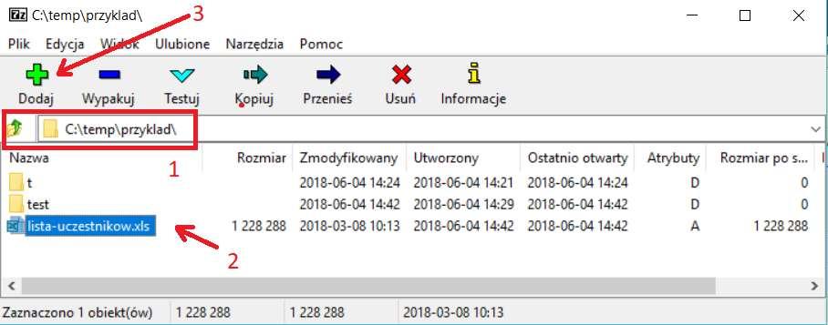 Instrukcja szyfrowania pliku/katalogu programem 7-zip 1. W celu zaszyfrowania pliku/katalogu: należy kliknąć prawym przyciskiem myszy na plik lub katalog i wybrać opcję 7-zip -> Dodaj do archiwum.