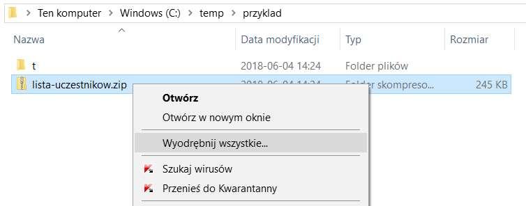 Instrukcja odszyfrowania pliku/katalogu programem zip wbudowanym w Windows dla metody szyfrowania ZipCrypto Zaletą użycia