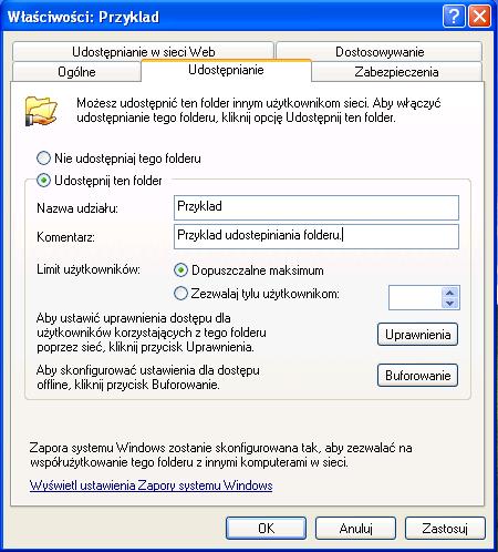 Jak prezentowana jest teraz ikona folderu "Przykład"? Na komputerze z udostępnionym folderem, kliknij prawym przyciskiem myszy Mój komputer> Właściwości> zakładka Nazwa komputera.