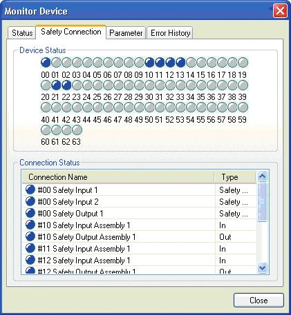 (3) Kliknij sterownik NE1A-SCPU01 prawym przyciskiem myszy i z menu podręcznego wybierz polecenie Monitor. W wyświetlonym oknie kliknij kartę Safety Connection.