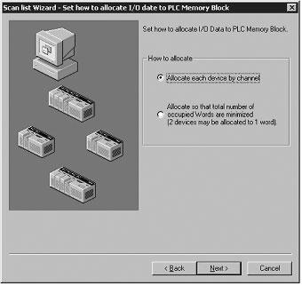 5. Konfigurowanie przydziałów wejść/wyjść zdalnych Zostanie wyświetlone okno Scan List Wizard-Set how to allocate I/O data to PLC Memory Block, w którym wybiera się metodę przydzielania danych WE/WY