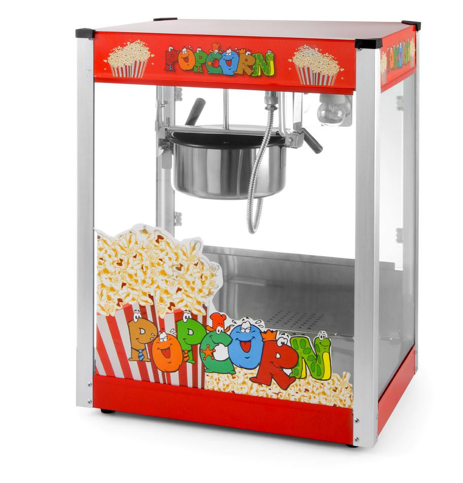 Maszyna do popcornu Profesjonalna, bardzo wydajna maszyna do produkcji popcornu Łączy w sobie wszystkie zalety najlepszych urządzeń do przygotowywania popcornu Dzięki bezpiecznej obsłudze i