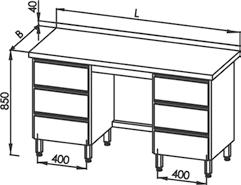 Stół roboczy z szafką (szafka po stronie prawej) i blokiem 2-ch szuflad w szafce znajduje się półka 1000 2315 2493 E 1178 E 1183 1400 3532 3853 1500 3581 3906 1600 3631 3958 1700 3680 4010 800 2383