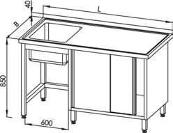 szafką, drzwi uchylne w szafce znajduje się półka 2300 3497 3746 2400 3593 3851 2500 3689 3956 2600 3786 4061 E 2110 Stół ze zlewem 1-kom () i szafką, drzwi suwane E 2110 P Stół ze zlewem