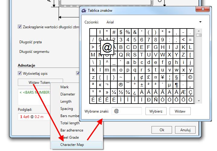 Tablica znaków z symbolami dla opisów prętów Do listy dostępnych tokenów używanych do opisu prętów na rysunkach (dostępne na karcie Szczegóły gięcia okna