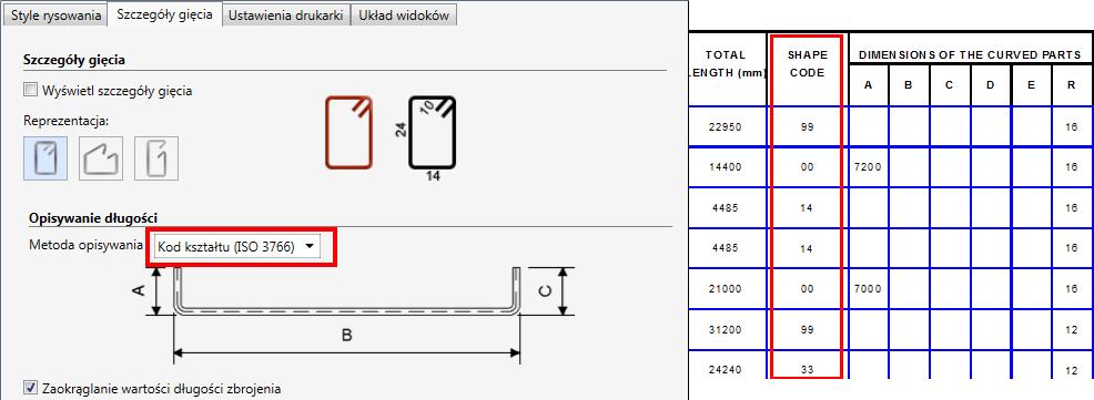 Kody kształtu zbrojenia wg ISO 3766 dla wersji polskiej Gdy lokalizacja programu ustawiona jest na Polska, dostępna jest nowa metoda opisywania długości prętów: