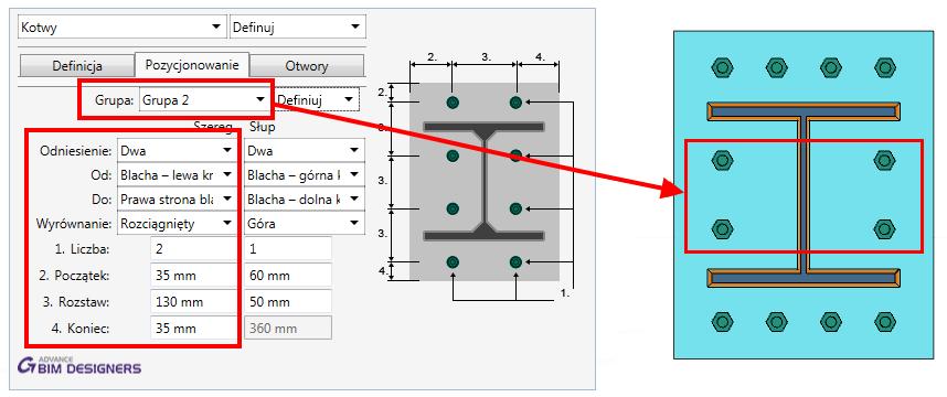Niezależne pozycjonowanie grup śrub kotwiących Dla połączenia Podstawa słupa, gdy definiowane są dwie lub trzy grupy otworów/śrub (na zakładce Pozycjonowanie w oknie Kotwy), możliwe jest teraz
